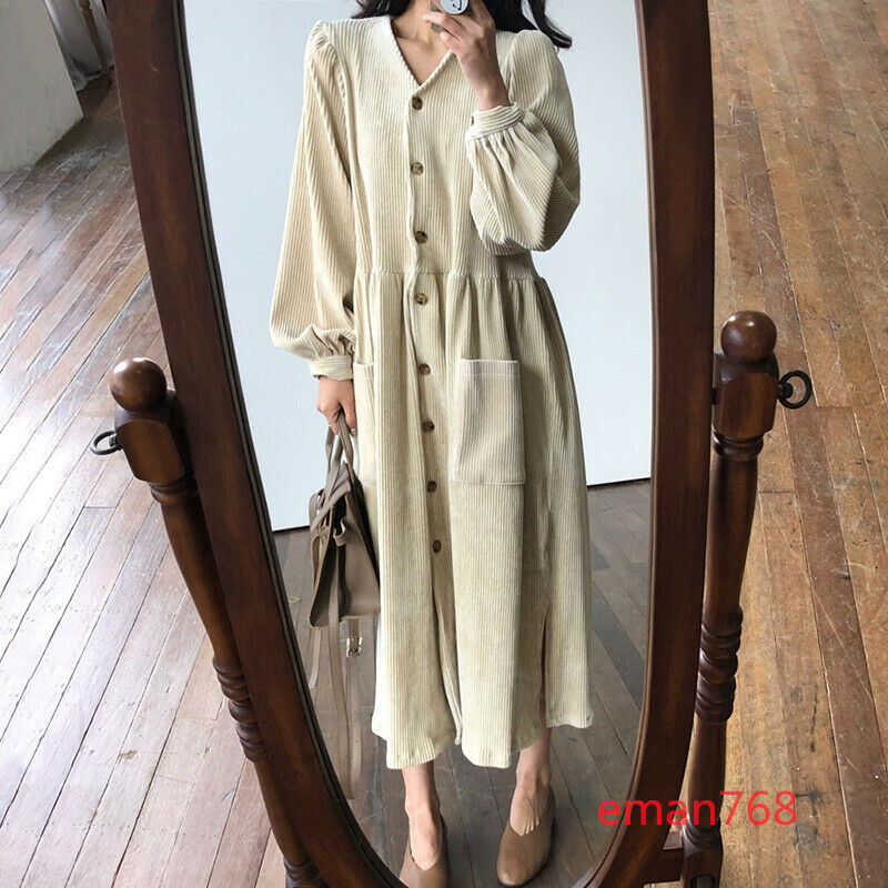 Womens Corduroy Dress Long Puff Sleeve Single Breasted Long Womens Corduroy Dress Long Puff Sleeve Single Breasted Long