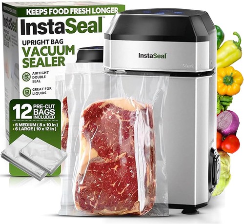 InstaSeal Food Vacuum Sealer Machine with 12 Bags, Compact Upright Food Sealer