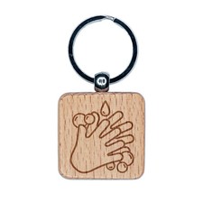 Wash Hands Engraved Wood Square Keychain Tag Charm
