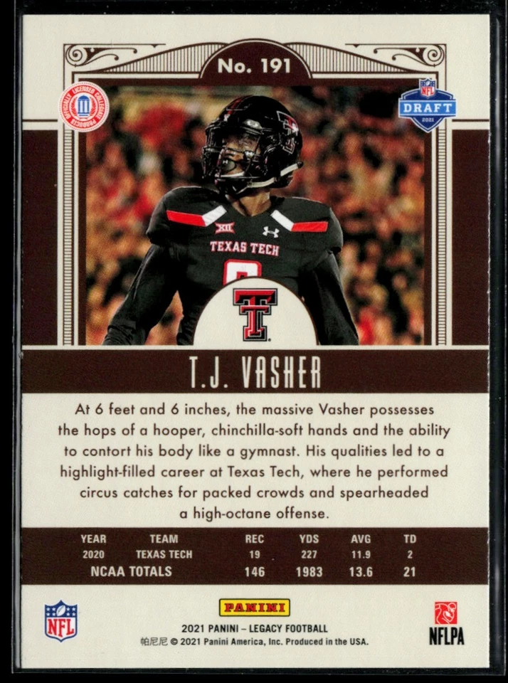2021 Panini Legacy #191 T.J. Vasher RC - Image 2 of 2
