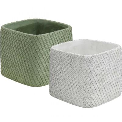 2er Set Übertopf Keramik Weiß & Grün Relief Netzdesign 17x17cm H15cm   Moderne