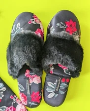Victoria's Secret Floral Black Satin House Slippers Size M (7-8)
