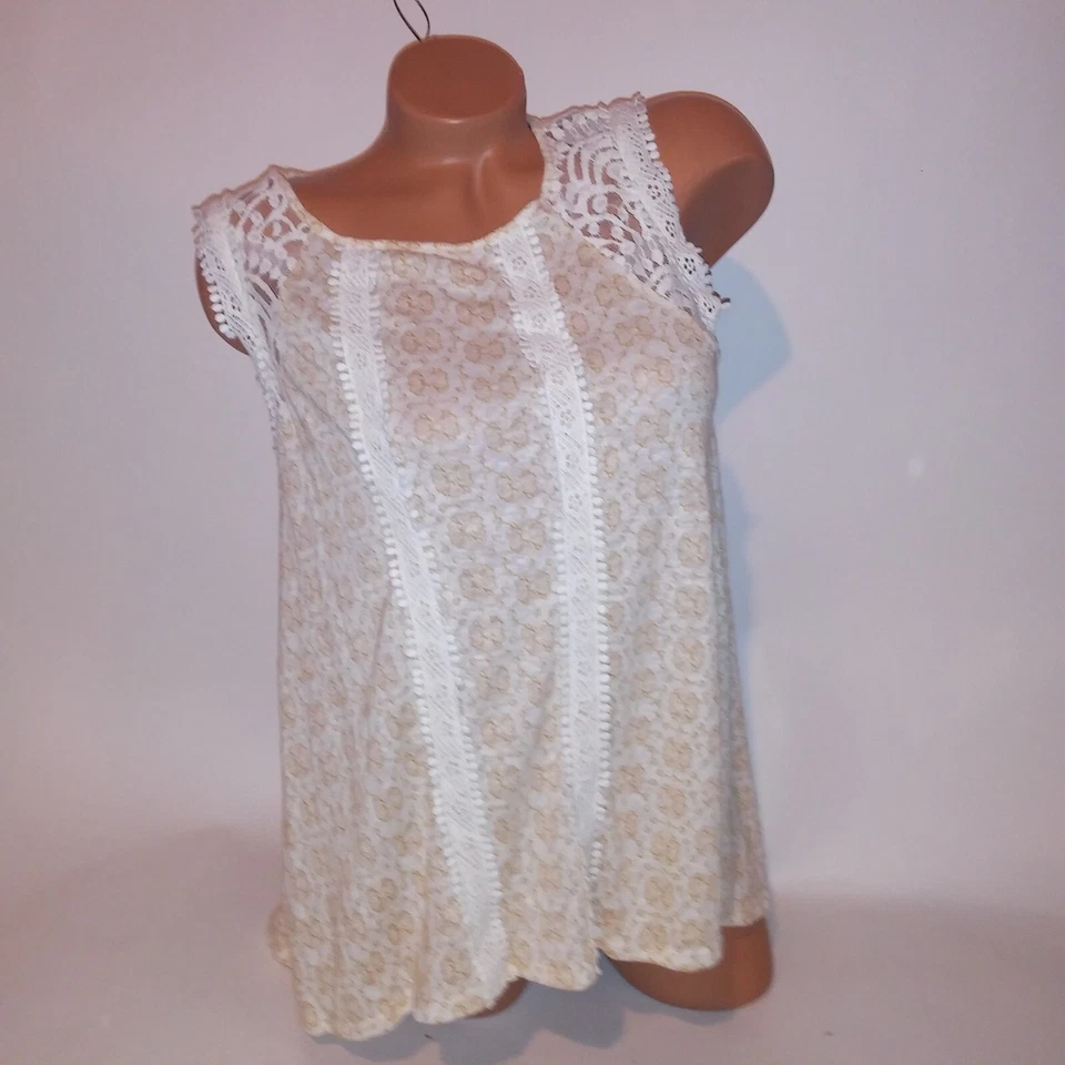 Camiseta sin mangas LC Lauren Conrad para mujer XS blanca crema crochet ribete encaje mangas boho Foto 2 de 4