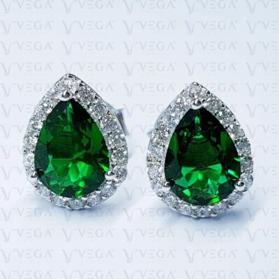 5.50carat Pear Cut Natural Emerald & Diamond Stud Earring 18k White Gold Plated