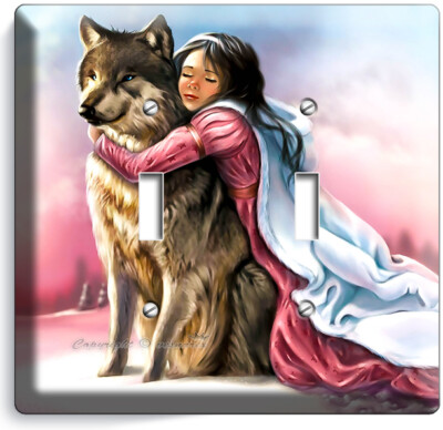 LITTLE PRINCESS GIRL HUGGING GRAY WOLF LIGHT 2 GANG OUTLET WALL PLATE ROOM DECOR