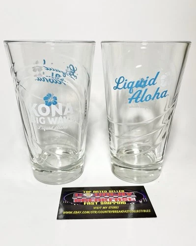 Kona Big Wave Liquid Aloha Ale 16 Oz Embossed Pint Beer Glasses Set Of Two New!