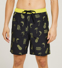 Burnside Men  s Medium Swim Breeze Board Short Black Yellow Tropical Print
