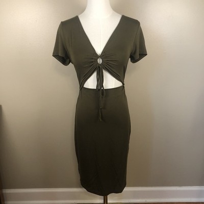 Final Touch Olive Green Short Sleeve Bodycon Dress With Cutout Size M