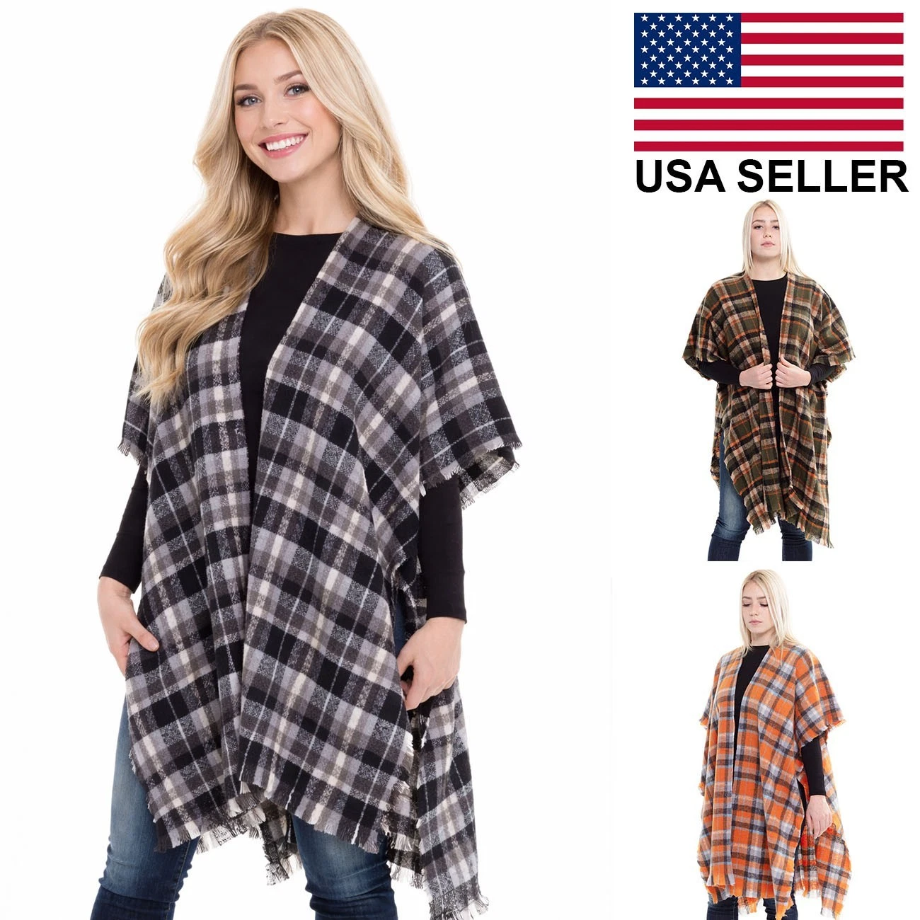 Women Plaid Poncho Shawl Wrap Open Front Cape Cardigan Cozy Fall Winter Boho
Opens in a new window o