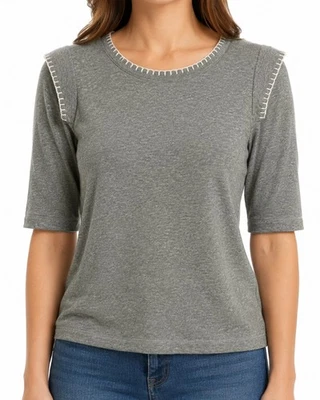 Democracy Womens Gray Whipstitch Elbow Sleeve Crewneck Knit Top Size M - Image 1 of 4