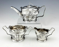 English Sterling Tea Set STRAPWORK Hammered William Ltd 1903