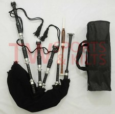 Great Highland Full Set Black Bagpipe With Silver Mounts Black Cover  Cord