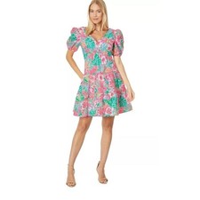 Lilly Pulitzer Floral Tiered Mini Dress Puff Sleeve Tie Back V Neck Pink Green