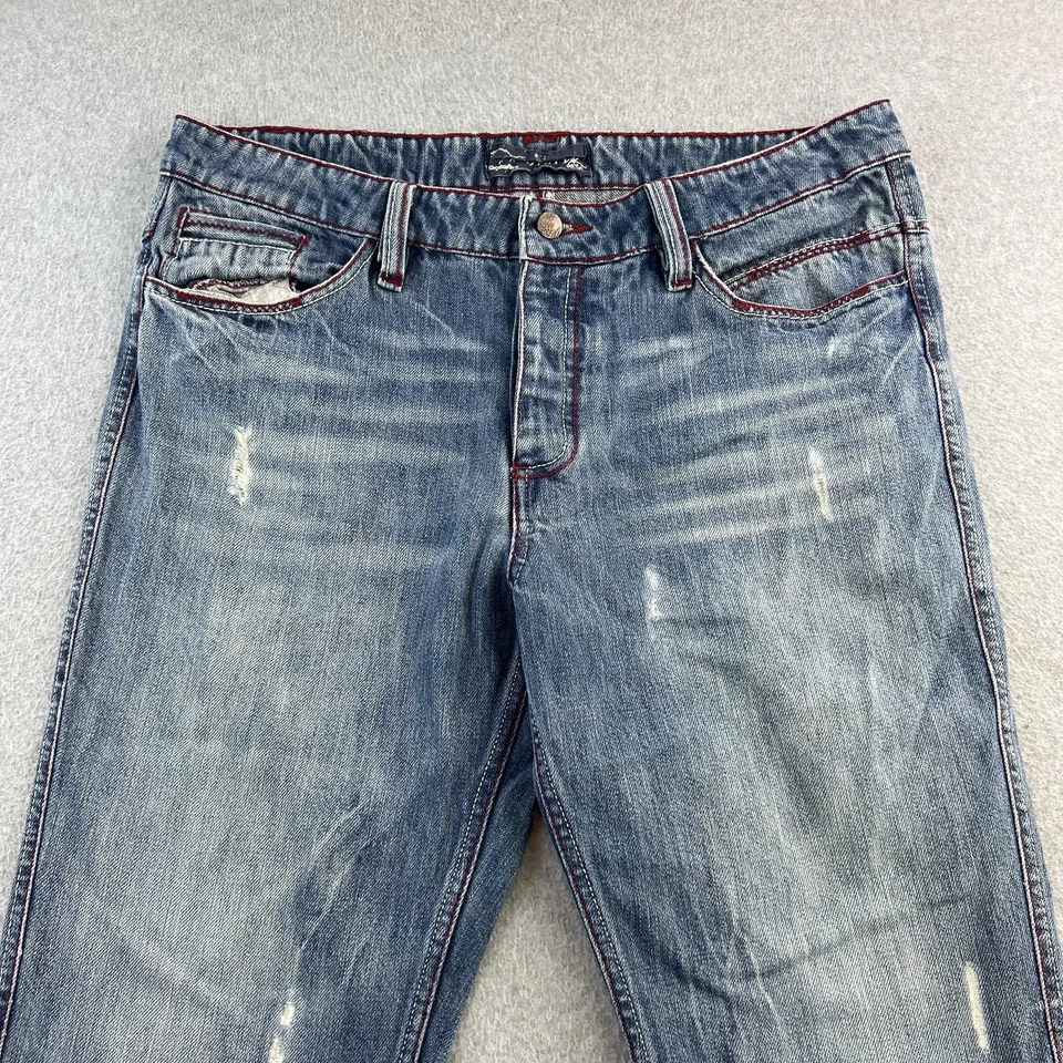 Pantalones de mezclilla antiguos para hombre 34 azul desgastado pierna recta bordado botón mosca Foto 4 de 4