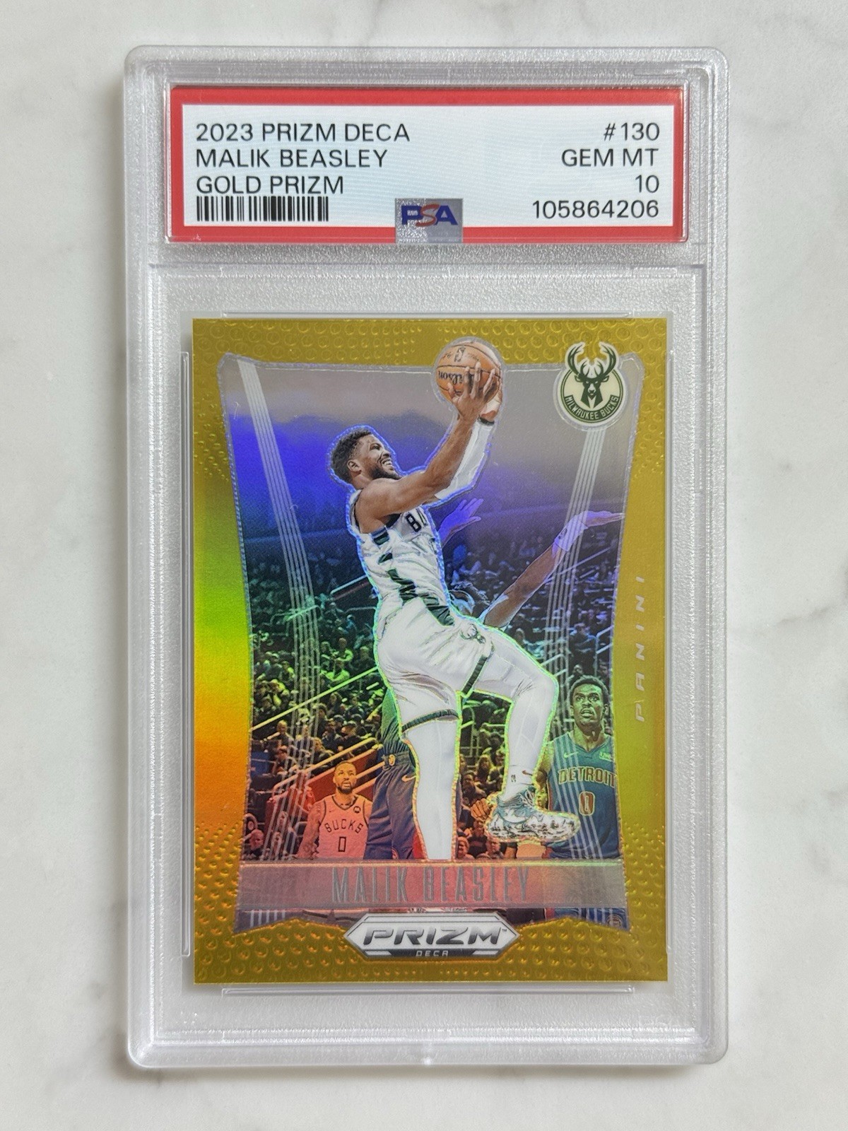 2023-24 Panini Prizm Deca Malik Beasley Gold Prizm /10 PSA 10 Bucks Pistons