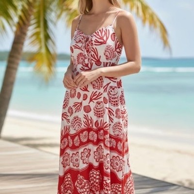 Calypso St. Barth Women's red & white linen blend tropical Maxi Dress Size XS