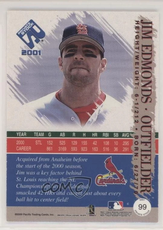 2001 Pacific Private Stock Premiere Date /90 Jim Edmonds #99 - Image 2 of 2