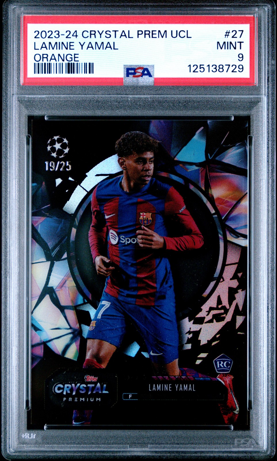 2023 TOPPS CRYSTAL PREMIUM CHAMPIONS LEAGUE ORANGE #27 LAMINE YAMAL 19/25 PSA 9