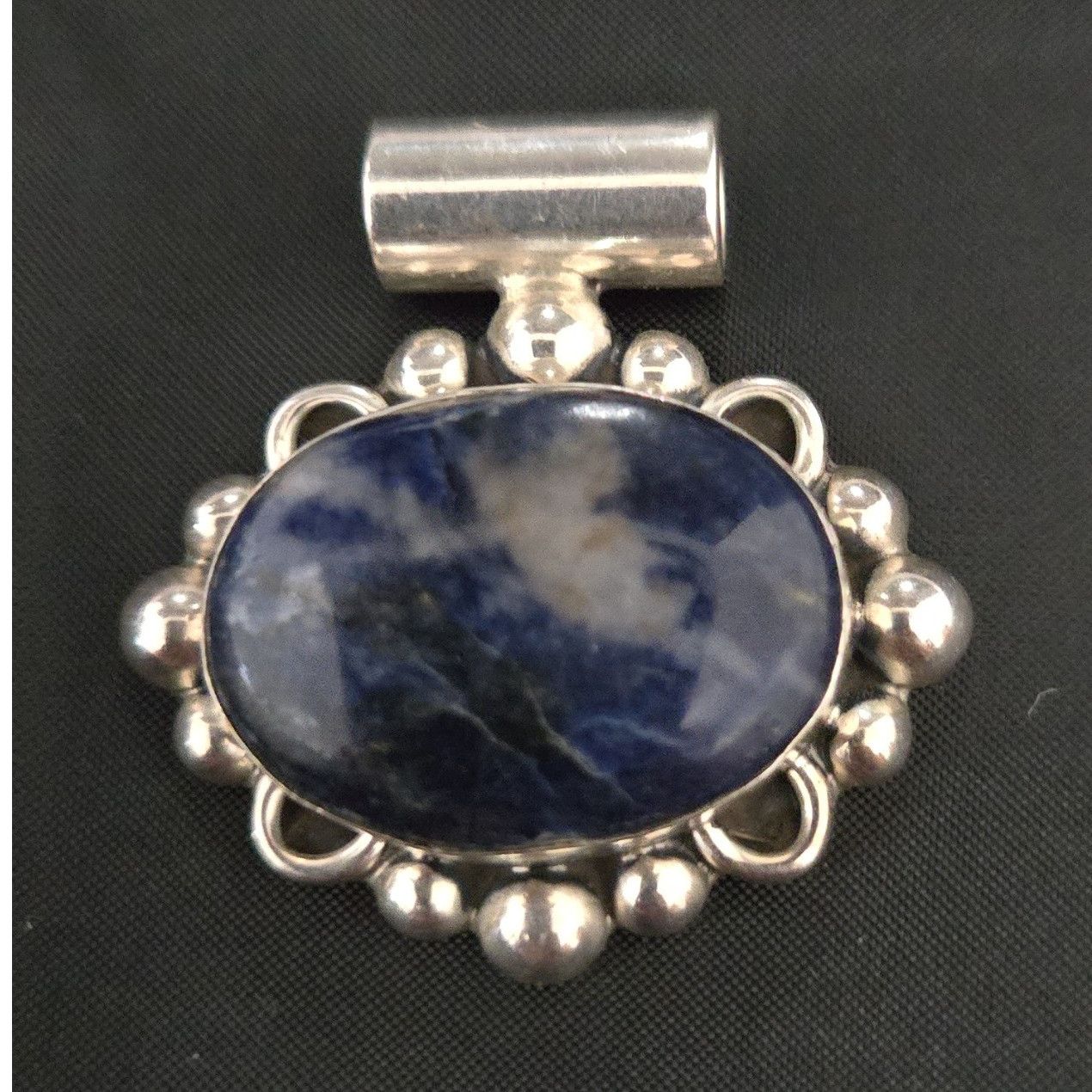 Sterling Silver 925 Sodalite Oval Bezel Slide Pendant Signed Snake Chain 16