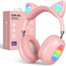 Kids Cat Ear Bluetooth Headphones LED Wireless Headset Pink w Mic