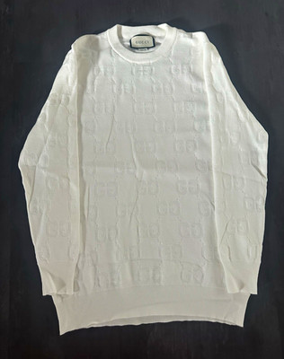 Gucci Herren Strickpullover Weiß GG Logo Rundhals Langarm Größe M