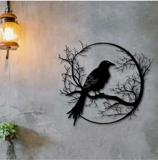 Gothic Metal Raven Wall Art Birds on Branch Halloween Decor  Crow Metal Sign