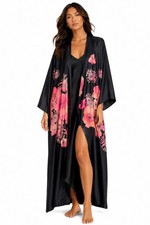 NATORI Vintage Black Pink Floral Maxi Robe Kimono Sleeves S 4/6 NO BELT EUC
