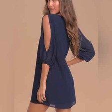 Lulus - women’s shifting navy blue mini dress chiffon 3/4 sleeve cold shoulder M