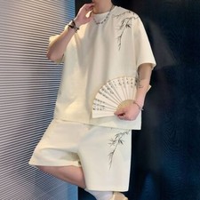 Chinese Men Casual Outfit 2-Piece Set Short Sleeve T Shirt Shorts Sweatsuit Set