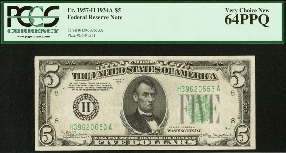 1934A $5 Federal Reserve Note PCGS 64PPQ - St Louis - Fr 1957-H - Image 2 of 3