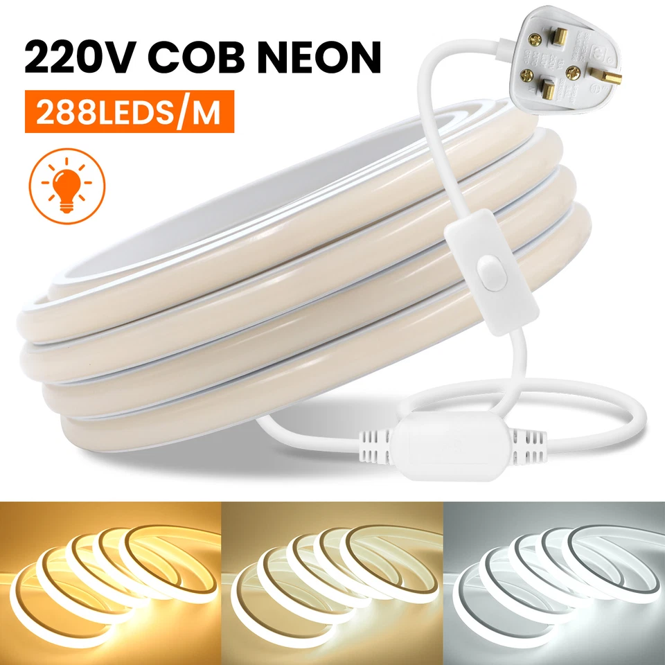 230V Neon COB LED Strip Lights IP65 High Density Flexible Tape Cabinet Kitchen