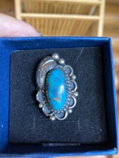 Navajo Turquoise Sterling Silver Leaf Scalloped Edge Feather Ring Size 6