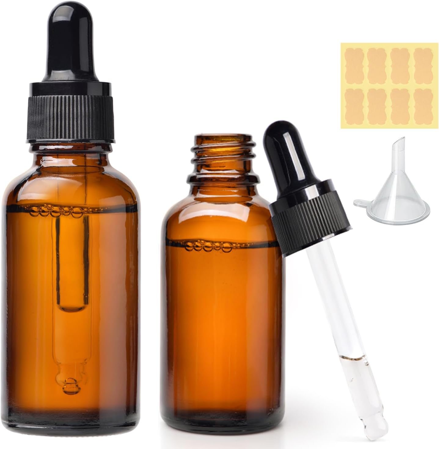 2 Oz Glass Dropper Bottles - 6 Pack Eye Dropper Bottles with Funnels & Labels -