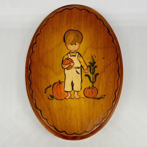 VTG Hand Painted Wood Wall Plaque Hanging Girl Boy Apple Pumpkin Fall Decor - Picture 4 of 6