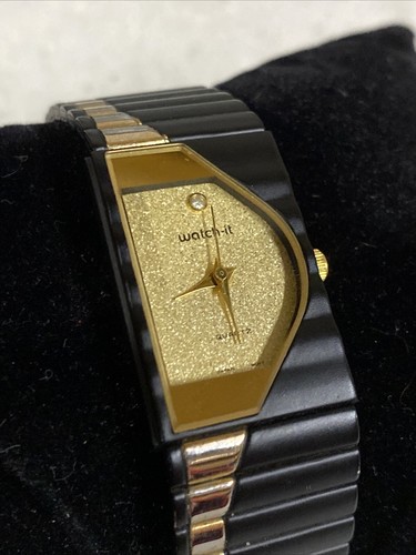 Watch It Half Moon Black And Gold Ladies Watch New Battery 7.25” - Picture 2 of 6