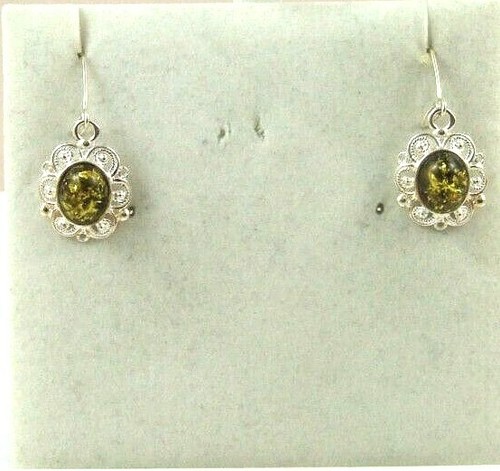Solid 925 Sterling Silver Filigree Scroll Oval Green Baltic Amber Drop Earrings - Picture 2 of 3
