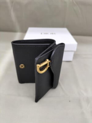 Christian Dior Saddle Compact Wallet Black Leather Women's with