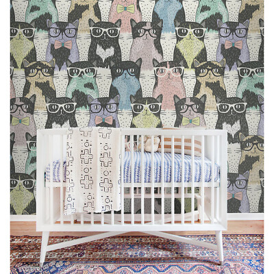 Hipster cute cats Non-woven wallpaper gray blue and yellow Home wall mural