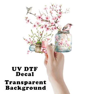 Cherry Blossoms and Birds UV DTF Transparent Sticker / Decal