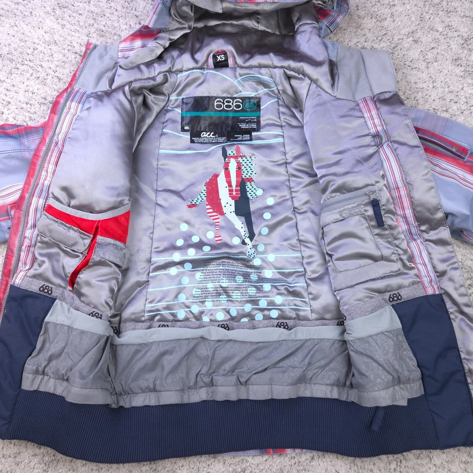 Chaqueta de snowboard 686 para mujer talla XS a cuadros ACC esquí gris rojo aislante con capucha Foto 3 de 4