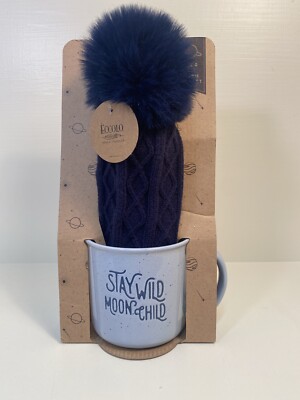 Eccolo  Stay Wild Moon Child  Big Coffee Mug Blue Fur Ball Knit Hat New Gift Set