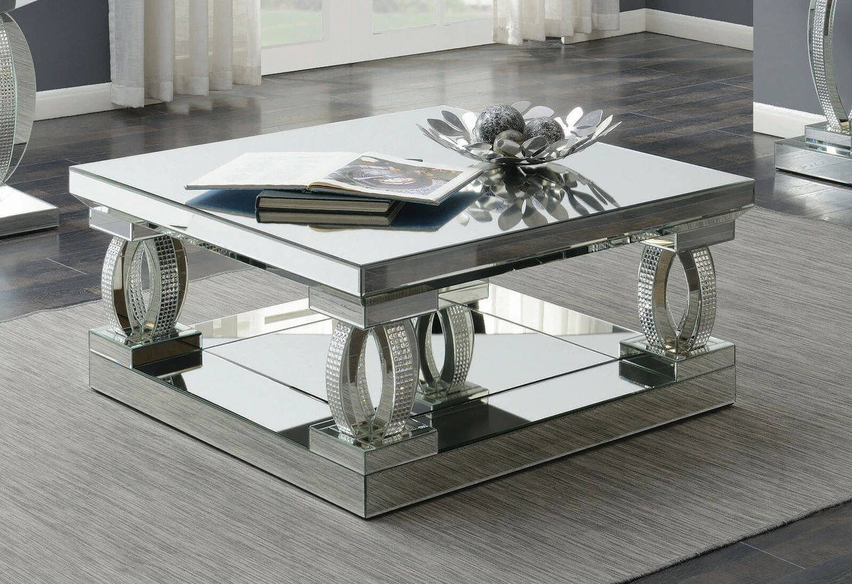 Mirrored Coffee Table Glass Top Modern Glam Acrylic Cocktail