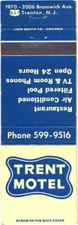 Trenton New Jersey Trent Motel Restaurant Vintage Matchbook Cover