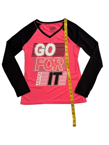 GIRLS JUSTICE "GO FOR IT" LONG SLEEVE SHIRT Sz 12 BLACK PINK WHITE GLITTER - Picture 6 of 16
