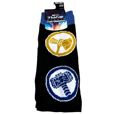 Marvel Studios Thor Love and Thunder Crew Socks Men 10-13 Black Logos NWT