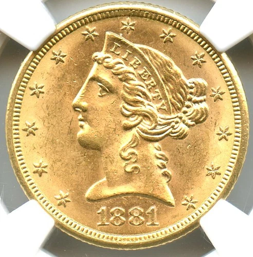 1881 $5 Gold Liberty Half Eagle, NGC MS-63 CAC, Flashy and Bright Gold Coin!