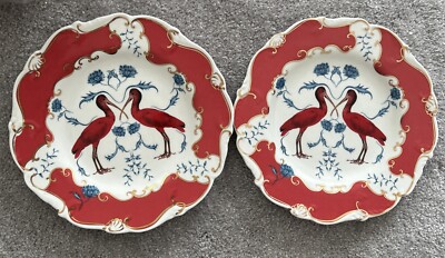 PAIR of 2 Lou Rota Anthropologie Red Holiday Ibis Dinner/Serving Plates,NEW NWT