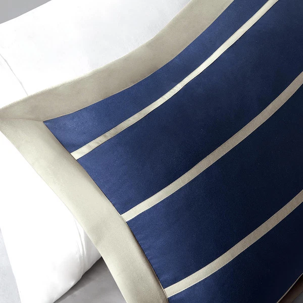 ¡NUEVO! ~ JUEGO DE EDREDÓN SUAVE A RAYAS NIÑO ADOLESCENTE AZUL MARINO BLANCO BRONCEADO BEIGE DEPORTIVO ACOGEDOR Foto 3 de 4