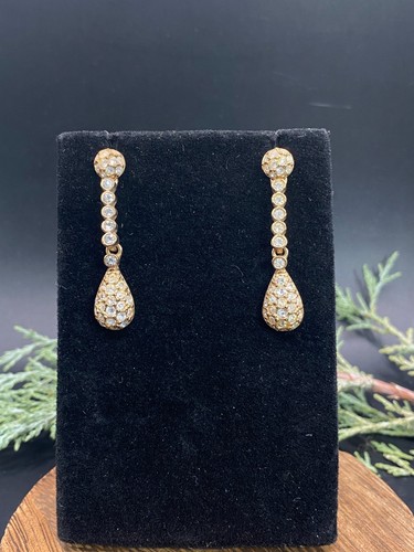 Vintage Hollywood Regency gold gilded pave CZs, drop dangle earrings - Picture 3 of 7