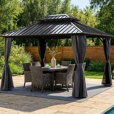 10'x12' Hardtop Gazebo Double Steel Roof Canopy Aluminum Frame With Curtain